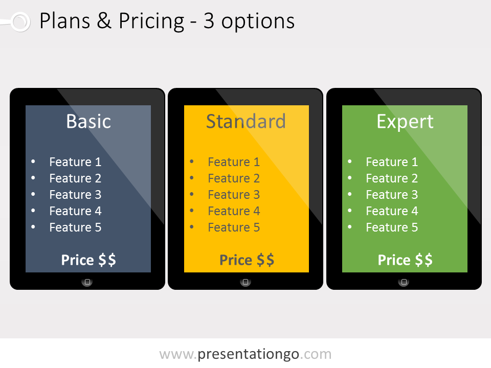 Free Pricing Plans PowerPoint template, illustrating three plans embedded in different IPad tablets