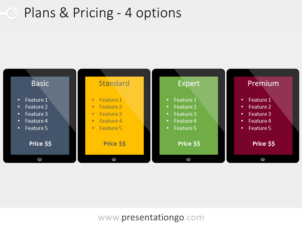 Free Pricing Plans PowerPoint template, illustrating four plans embedded in different IPad tablets