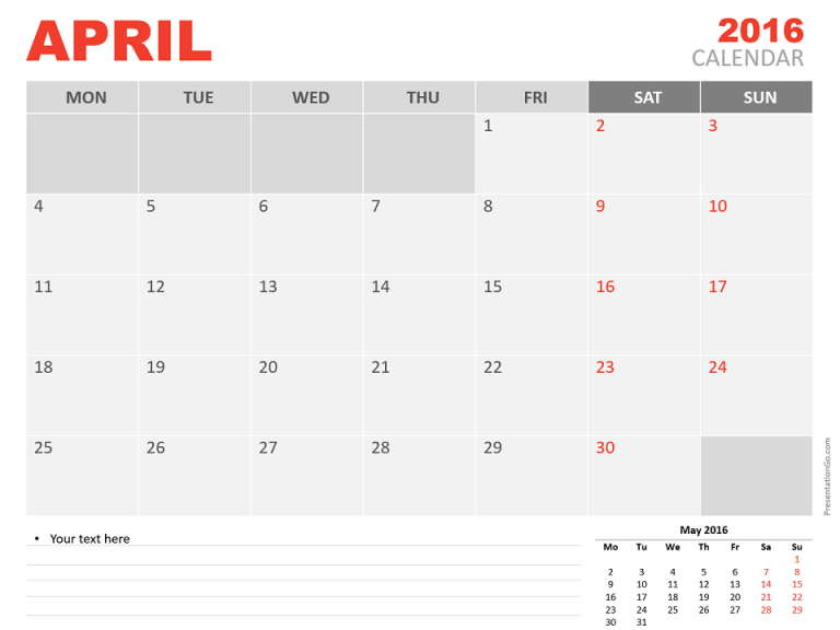 Free April 2016 PowerPoint Calendar Start Monday