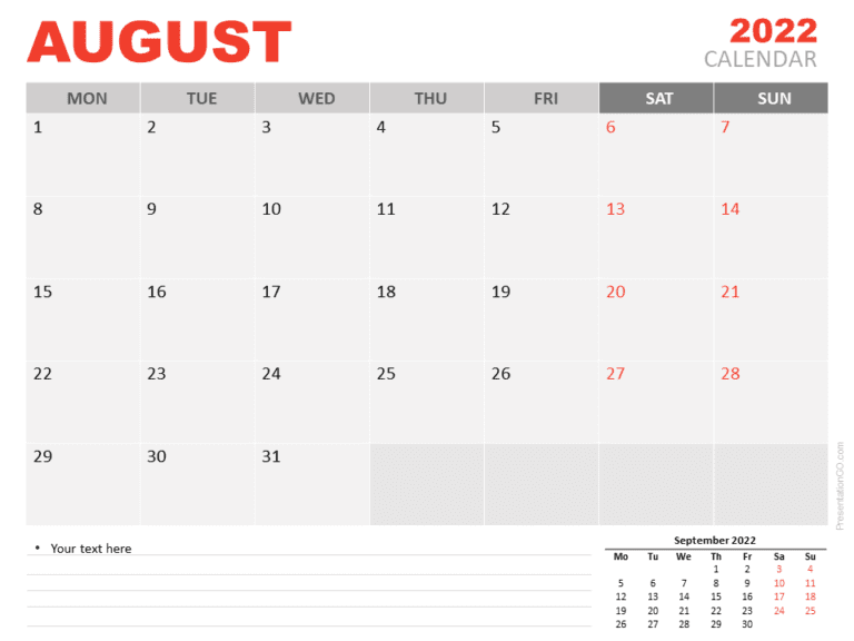 Free Calendar 2022 August Planning for PowerPoint and Google Slides