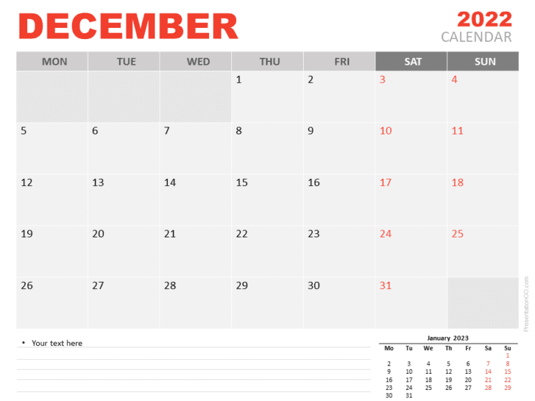 Free Calendar 2022 December Planning for PowerPoint and Google Slides