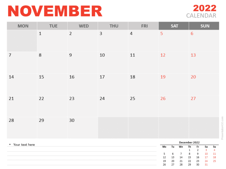 Free Calendar 2022 November for PowerPoint