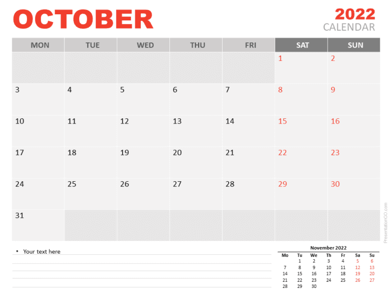 Free Calendar 2022 October for PowerPoint