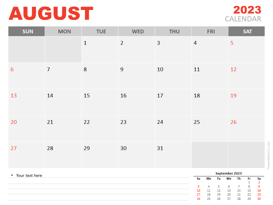 Free Calendar 2023 August Template for PowerPoint