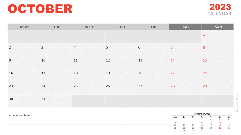 Free Calendar 2023 October for PowerPoint and Google Slides