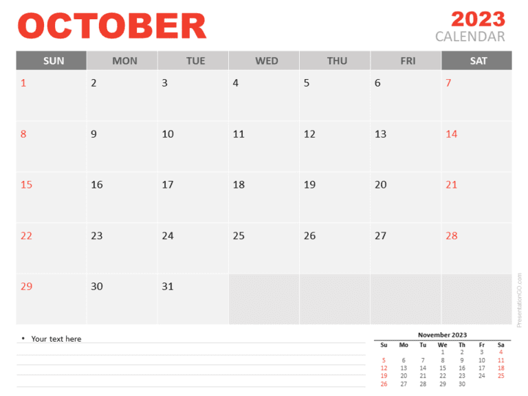 Free Calendar 2023 October Template for PowerPoint