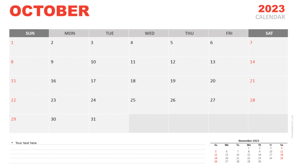 Free Calendar 2023 October Template for PowerPoint and Google Slides