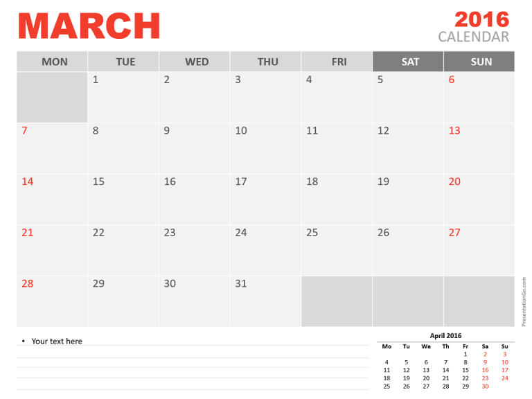 Free March 2016 PowerPoint Calendar Start Monday