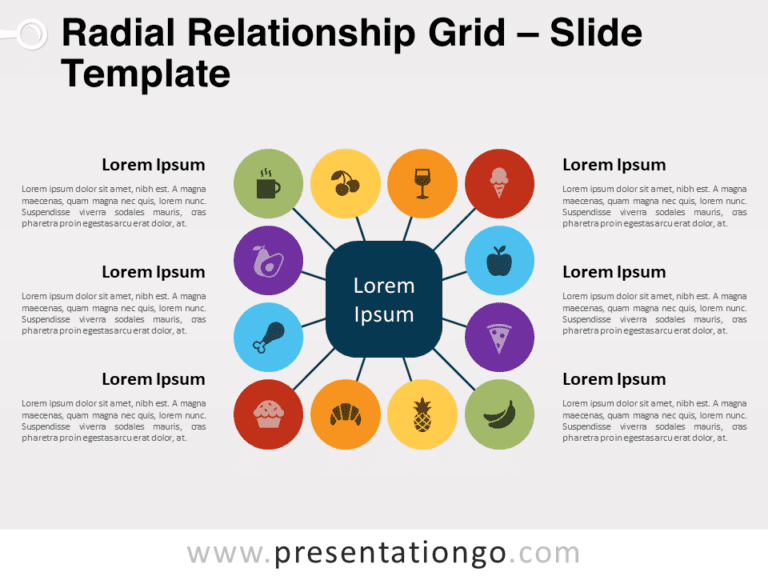 Free Radial Relationship Grid for PowerPoint that features a central squircle, surrounded by 12 colorful circles that form a square-like arrangement.