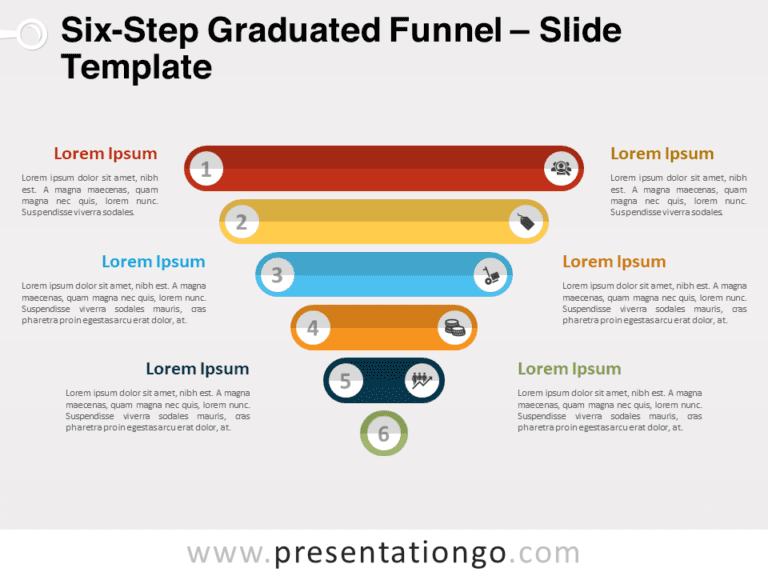 Free Six-Step Graduated Funnel for PowerPoint featuring six centrally aligned perforated strips in a funnel shape.
